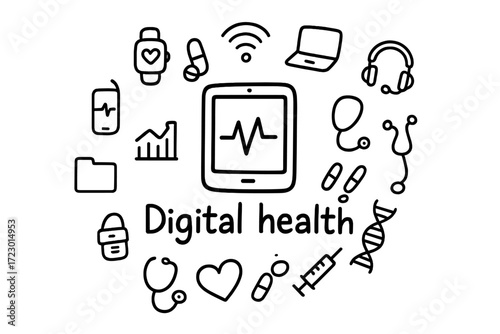 Digital Health Doodle. Digital health. Hand-drawn doodle illustration of Digital health. In the middle, one