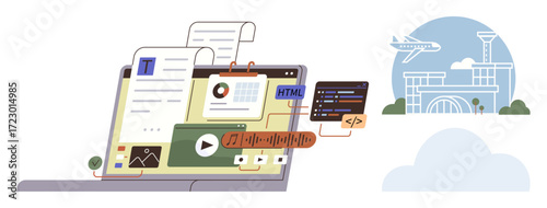 Laptop displaying text editor, media player, graph, code snippets, and files for content creation. Airplane over airport. Ideal for web development, digital learning, travel coding multitasking