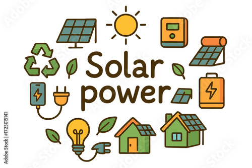 Solar Power Doodle. Solar power. Hand-drawn doodle illustration of solar power. Solar panels, sun icon,