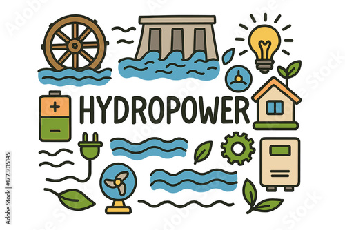 Doodle Hydropower Illustration. Hydropower. Hand-drawn doodle illustration of hydropower. Water wheel, flowing