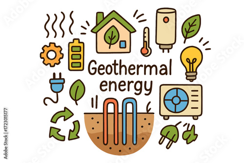 Geothermal Energy Doodle. Geothermal energy. Hand-drawn doodle illustration of geothermal energy. Underground