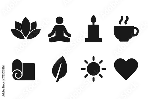 Mindful Living Icons. Mindful living. Filled icon set of mindful living: lotus flower, meditation pose, candle