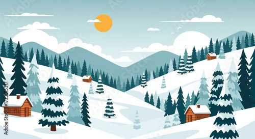Winter landscape with snow-covered trees and cozy cabins.