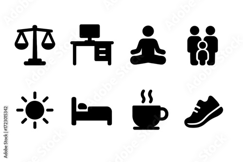 Work-Life Balance Icons. Work-life balance. Filled icon set of work-life balance: scale, office desk, yoga