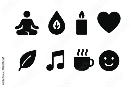 Stress Relief Icons. Stress relief. Filled icon set of stress relief: meditation pose, essential oil drop,
