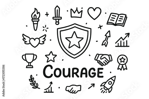 Courage Doodle Icons. Courage. Hand-drawn doodle illustration of Courage. In the middle, one slightly larger