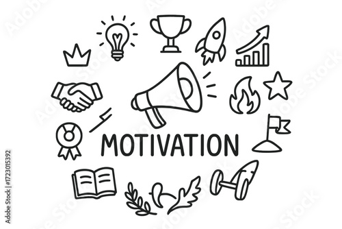 Doodle Motivation Icons. Motivation. Hand-drawn doodle illustration of Motivation. In the middle, one slightly