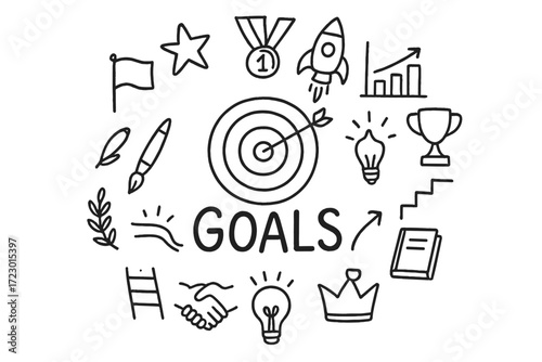 Goals Doodle Illustration. Goals. Hand-drawn doodle illustration of Goals. In the middle, one slightly larger