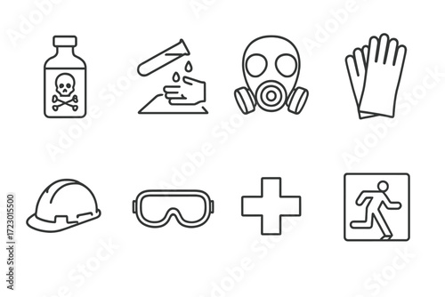 Safety icons: chemical, gas mask, gloves, helmet, goggles, first aid, emergency exit