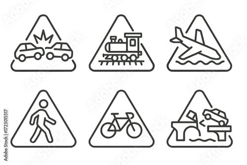 Warning signs: car crash, train, airplane, pedestrian, bicycle, bridge safety