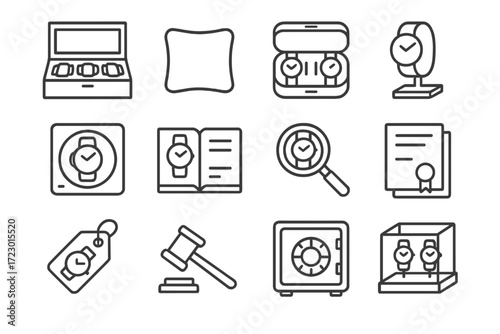 Watch Collection Icons. Collecting Watches. Line outline icon set of Collecting Watches: display box, watch