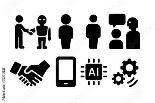 Human-Robot Interaction Icons. Human and robot interaction. Filled icon set of human and robot interaction:
