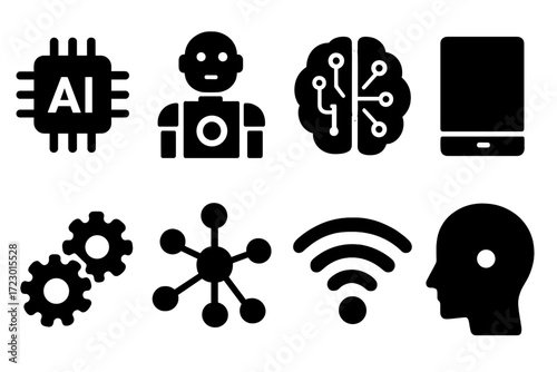 AI Icon Grid. Artificial intelligence. Filled icon set of artificial intelligence: AI chip, humanoid robot,
