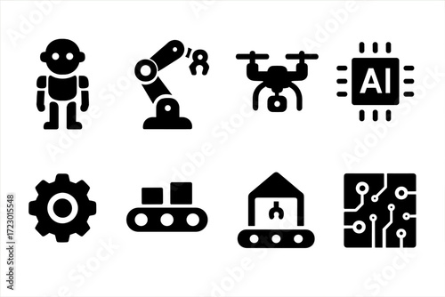 Robotics Icons Grid. Robotics. Filled icon set of robotics: humanoid robot, robotic arm, drone, AI chip, gear,