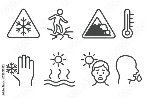 Weather hazard icons: snow, ice, avalanche, thermometer, heat waves, sun, cold, illness