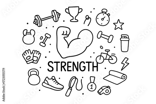 Doodle Strength Icons. Strength. Hand-drawn doodle illustration of Strength. In the middle, one slightly
