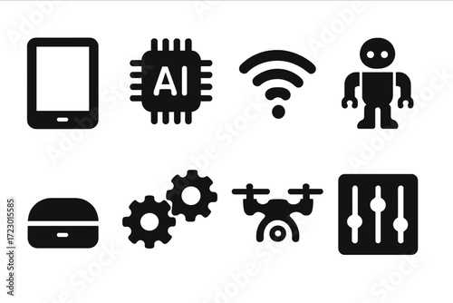 Smart Technology Icons. Smart technology. Filled icon set of smart technology: tablet, AI chip, wifi signal,
