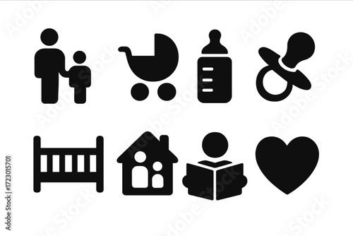 Parenting Icon Set. Parenting. Filled icon set of parenting: parent and child, stroller, baby bottle, pacifier