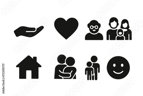 Family Support Icons. Family support. Filled icon set of family support: helping hand, heart, grandparents,