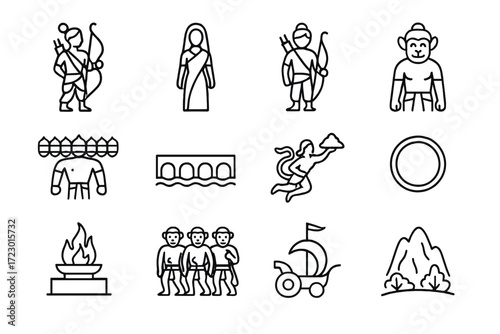 Ramayana Icon Set. Ramayana Symbols. Line outline icon set of Ramayana Symbols: Rama with bow, Sita, Lakshmana