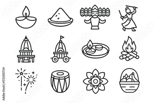 Festivals Icon Set. Festivals of Devotion. Line outline icon set of Festivals of Devotion: Diwali lamp, Holi
