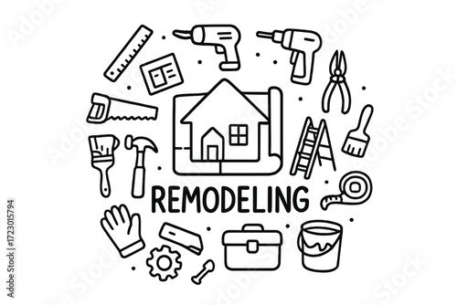 Doodle House Remodeling. Remodeling. Hand-drawn doodle illustration of Remodeling. In the middle, one slightly
