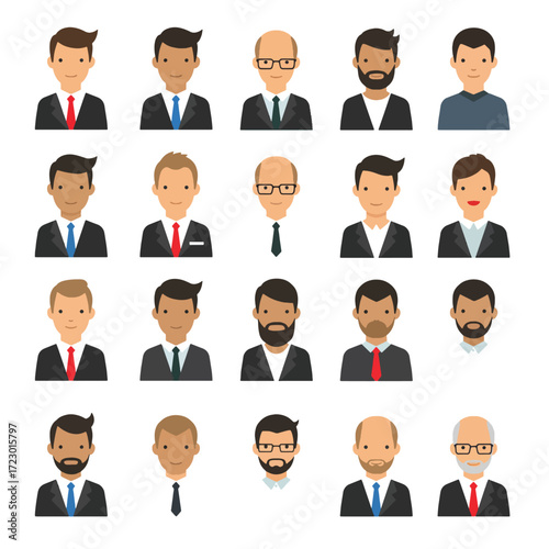 Diverse Businessmen Avatars Collection of FlatStyle Male Characters in Suits and Ties.