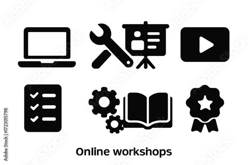 Online Workshop Icons. Online workshops. Filled icon set of online workshops: laptop, tools icon, presentation
