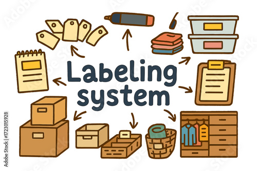 Colorful Labeling Doodle. Labeling system. Hand-drawn doodle illustration of labeling system. Label tags,