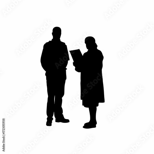 Parole officer presenting documents to judge silhouette