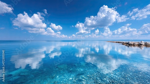 Wallpaper Mural Calm Blue Ocean Horizon View with White Clouds Reflection Tranquil Waterscape Clear Blue Sky and Rocky Outcrop in a Serene Seascape Torontodigital.ca