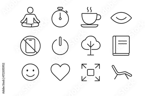 Mindful Icons Grid. Mindful Use. Line outline icon set of Mindful Use: meditation pose, timer, break coffee