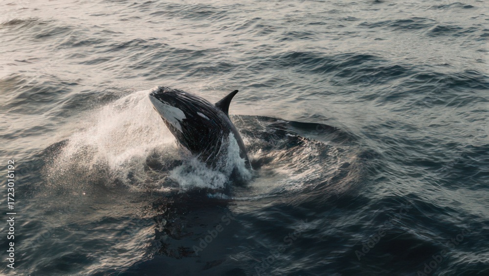 Fototapeta premium Majestic orca whale breaches dramatically from dark ocean waves creating an awe inspiring spectacle of nature's power and beauty