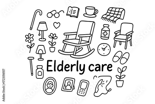 Elderly Care Doodle. Elderly care. Hand-drawn doodle illustration of Elderly care. In the middle, one slightly
