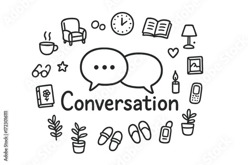 Conversation Doodle Ensemble. Conversation. Hand-drawn doodle illustration of Conversation. In the middle, one