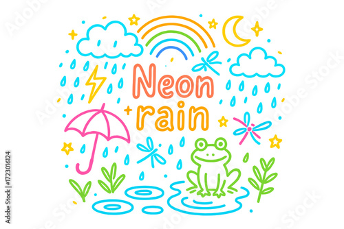 Neon Rain Doodle. Neon rain. Hand-drawn doodle illustration of neon rain. Glowing raindrops, neon umbrella,