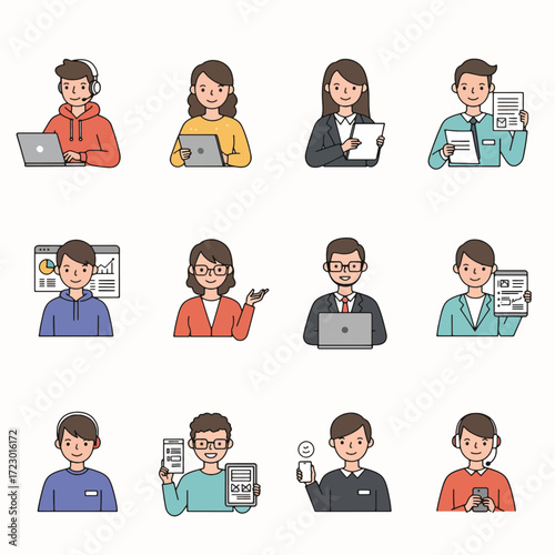 Diverse Cartoon Business People Smiling Holding Documents Using Laptops and Wearing Headsets.
