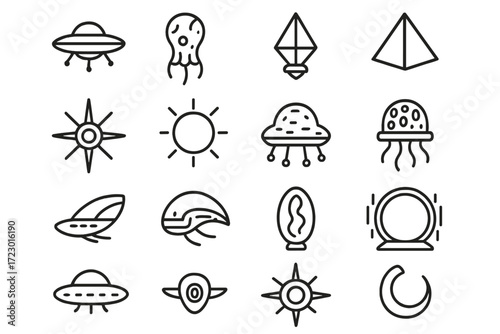 Alien Ship Icon Set. Alien Ships. Line outline icon set of Alien Ships: saucer ship, organic ship, crystal