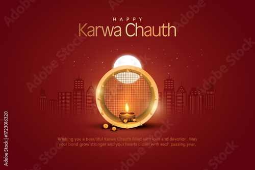 Indian Hindu Festival Happy Karwa Chauth background with strainer and diya isolated. Creative vector illustration design.