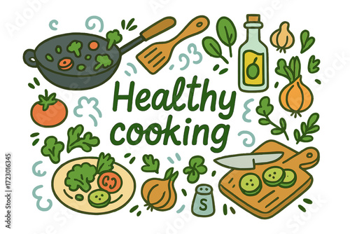 Healthy Cooking Doodle. Healthy cooking. Hand-drawn doodle illustration of healthy cooking. Wok pan, spatula,