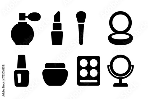 Cosmetic Icon Set. Perfume and cosmetics. Filled icon set of perfume and cosmetics: perfume bottle, lipstick,