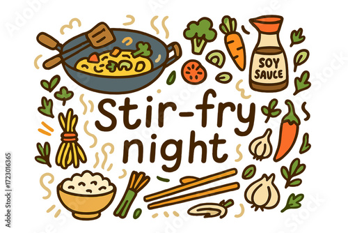 Colorful Stir-Fry Night. Stir-fry night. Hand-drawn doodle illustration of stir-fry night. Wok, spatula,