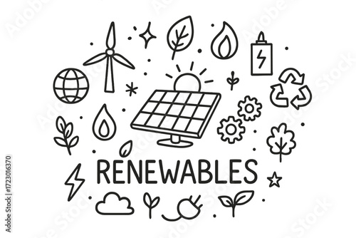Renewable Energy Doodles. Renewables. Hand-drawn doodle illustration of Renewables. In the middle, one