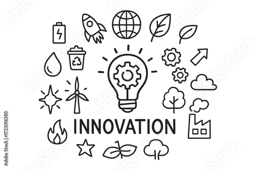 Innovation Doodle Icons. Innovation. Hand-drawn doodle illustration of Innovation. In the middle, one slightly