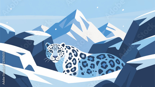 Illustration Of A Snow Leopard Hiding In Snowy Rocks With A Towering Mountain Backdrop Vector Design Template