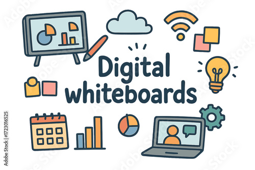 Digital Tools Doodle. Digital whiteboards. Hand-drawn doodle illustration of digital whiteboards. Touchscreen