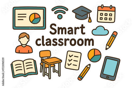 Smart Classroom Doodle. Smart classroom. Hand-drawn doodle illustration of smart classroom. Digital whiteboard