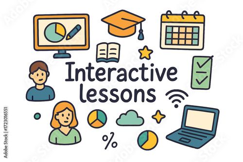 Interactive Learning Icons. Interactive lessons. Hand-drawn doodle illustration of interactive lessons.