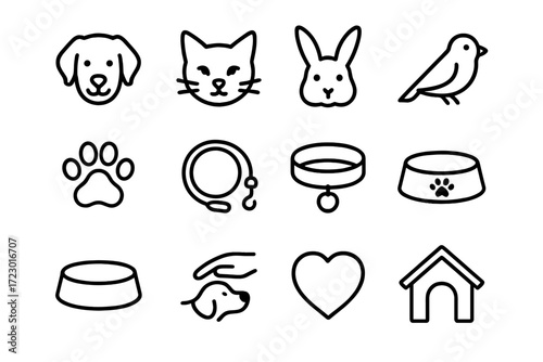 Animal Companionship Icons. Animal Companionship. Line outline icon set of Animal Companionship: dog, cat,