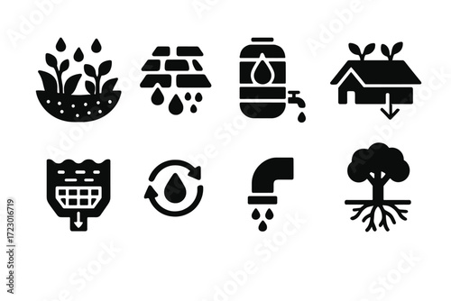 Eco Drainage Icons. Eco drainage. Filled icon set of Eco drainage: rain garden, permeable pavers, water barrel